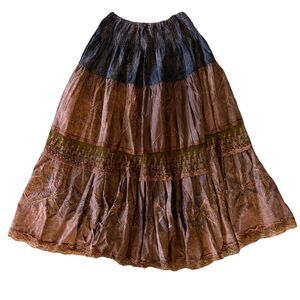 Italian Tiered Maxi Skirt Women’s Bohemian Peasant Earth Tone Lace Embroidered